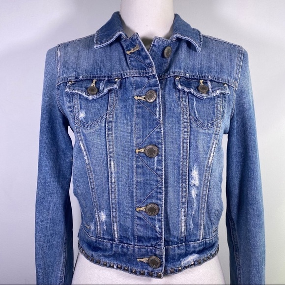 AMERICAN Eagle Studded Distressed Denim Jacket - Picture 2 of 14
